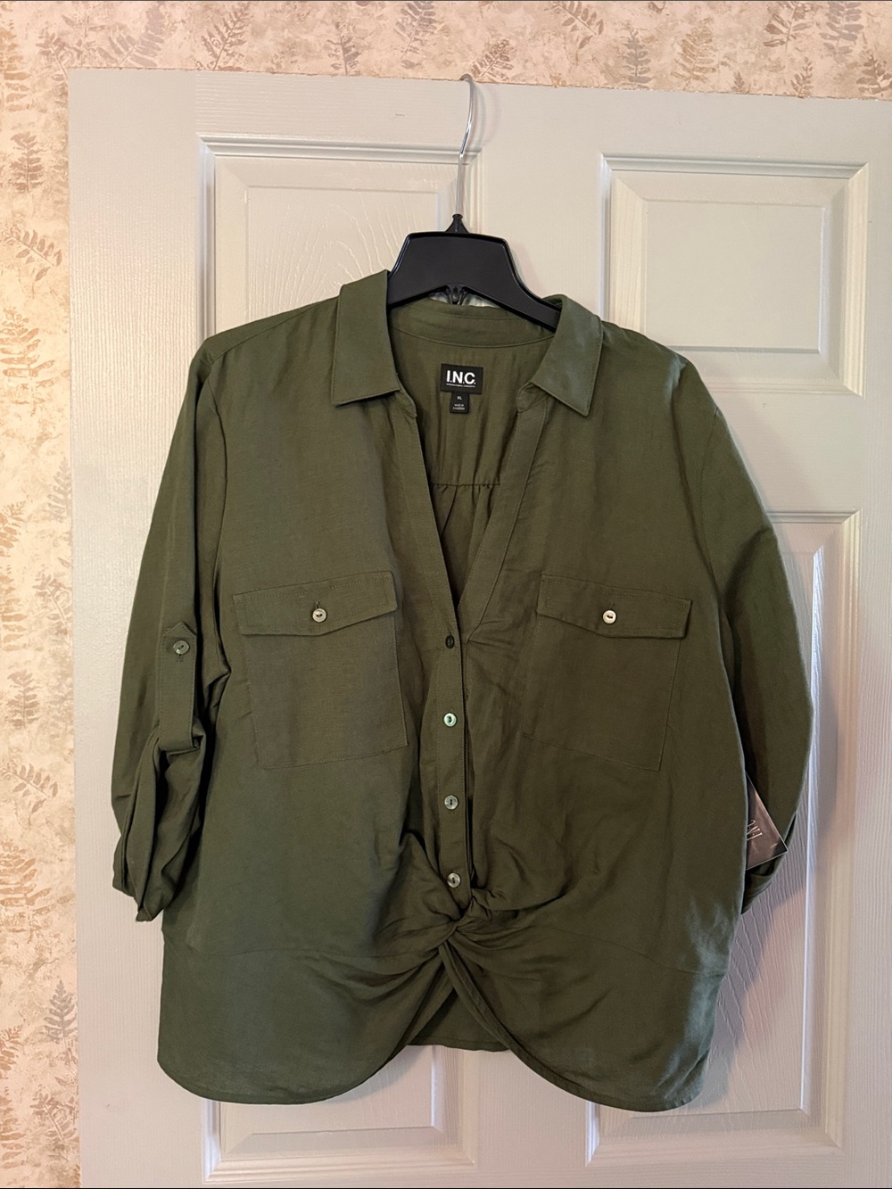 INC International Concepts Olive Green Knot-Front Shirt